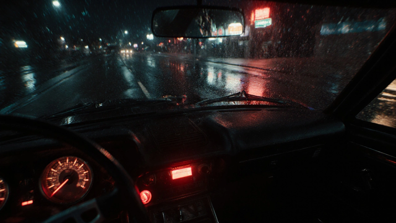 Car at night with dashboard warning lights and soundwaves indicating flywheel failure.