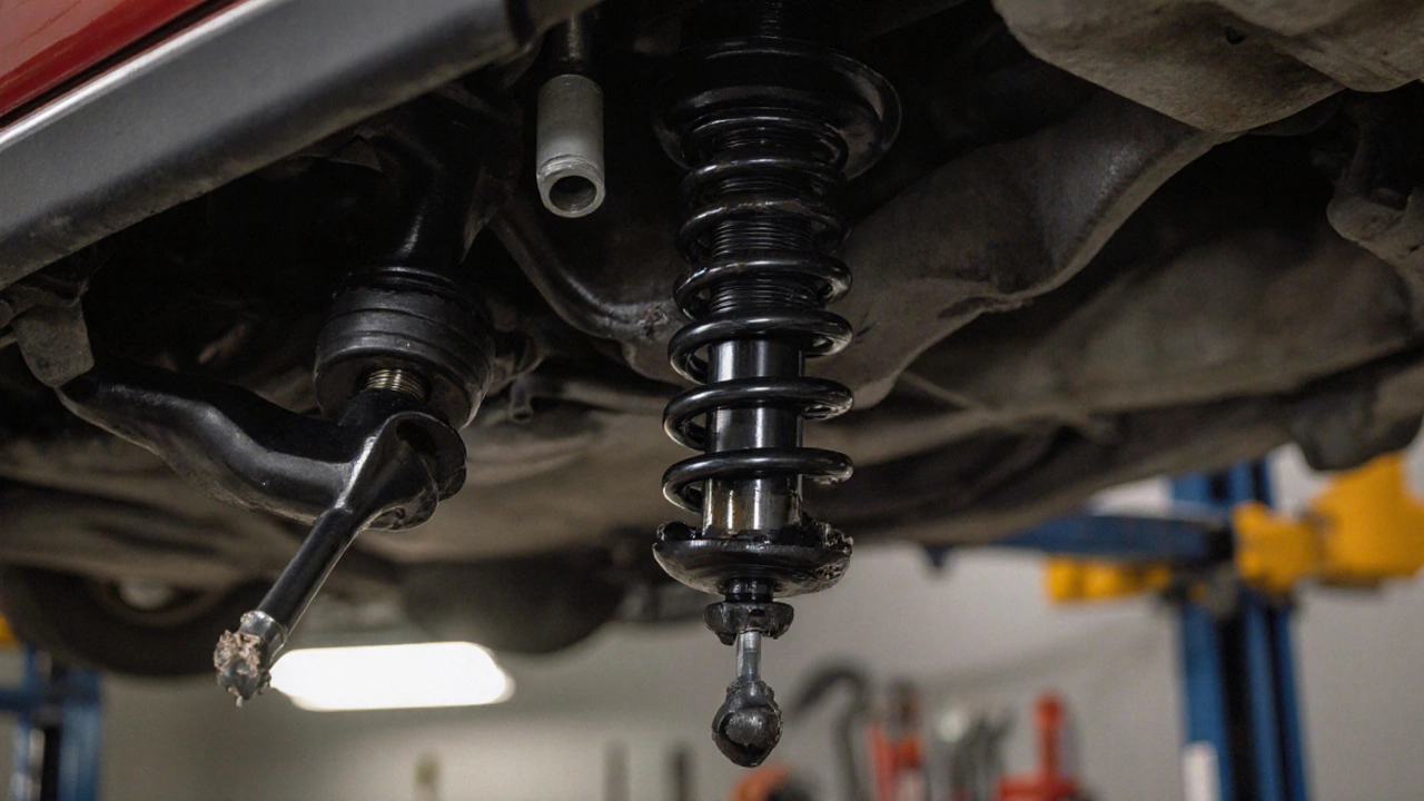 Close‑up of open hood showing leaking shock absorber, cracked spring, worn bushing.