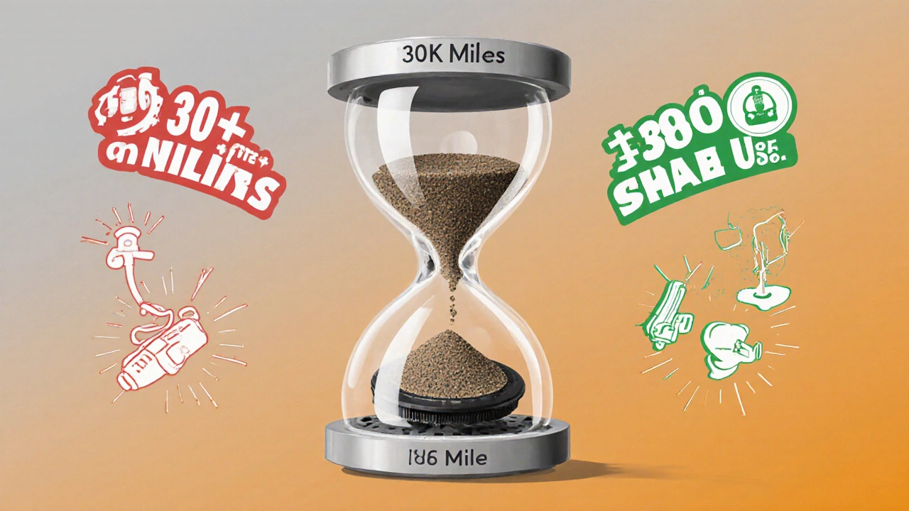 Clutch system visualized as an hourglass with friction material wearing away between 30K and 180K miles.