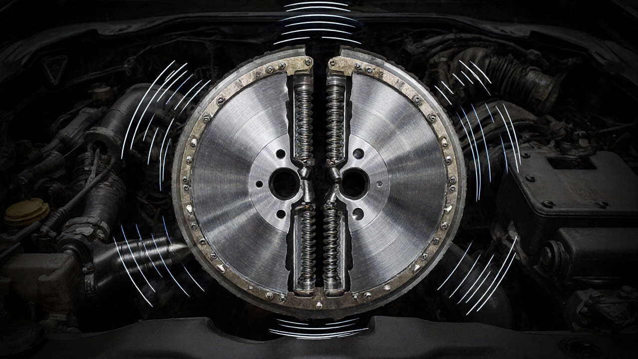 Cross-section of a dual-mass flywheel with broken internal springs and separated discs.