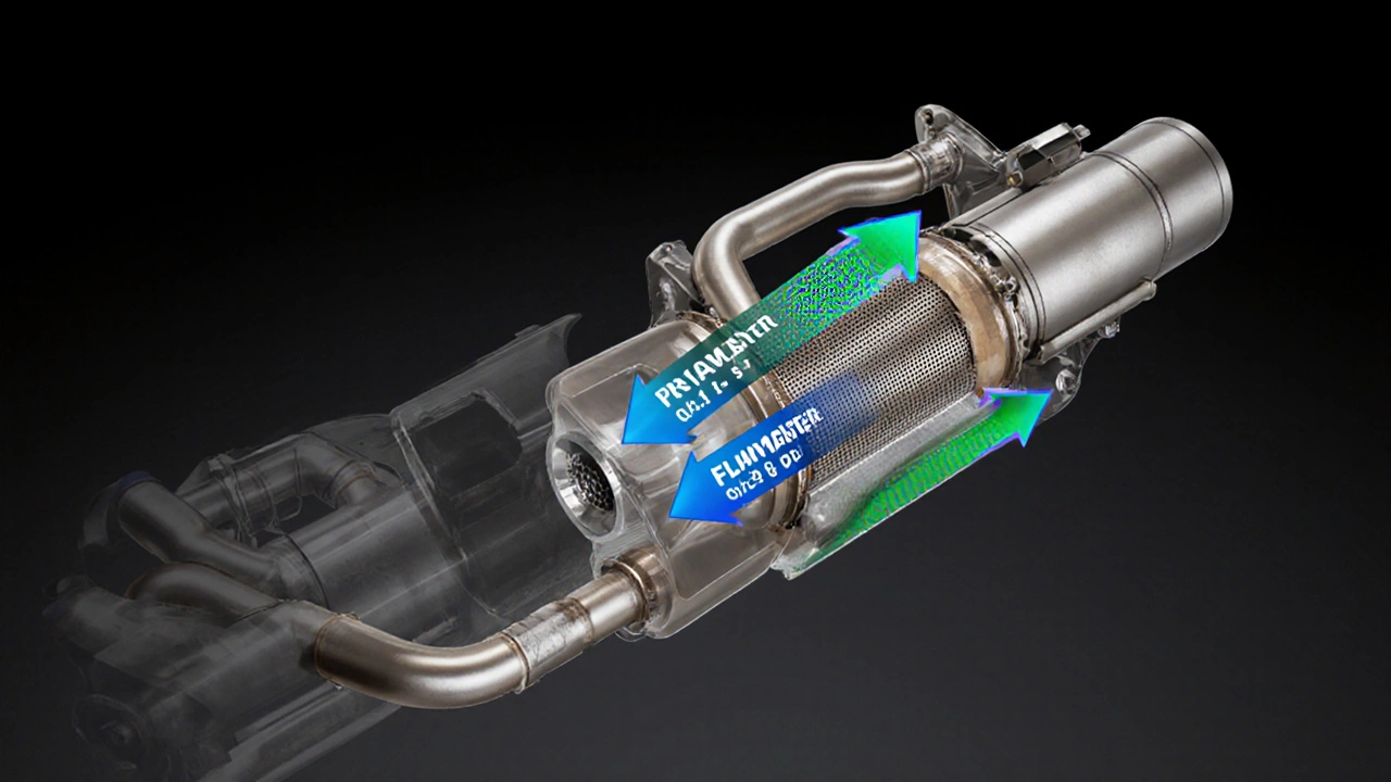 Cutaway diagram of exhaust system highlighting Flowmaster muffler and airflow arrows.