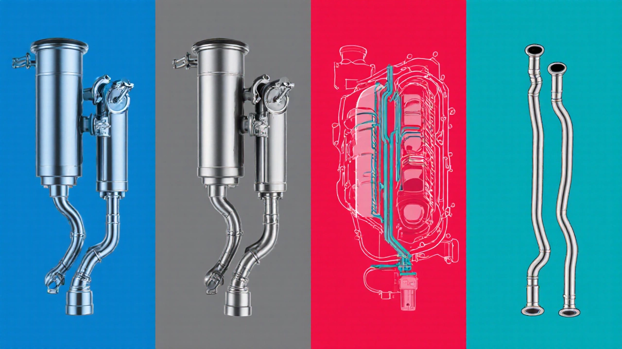 Cutaway illustration comparing cat-back, axle-back, turbo-back, and header exhaust systems.