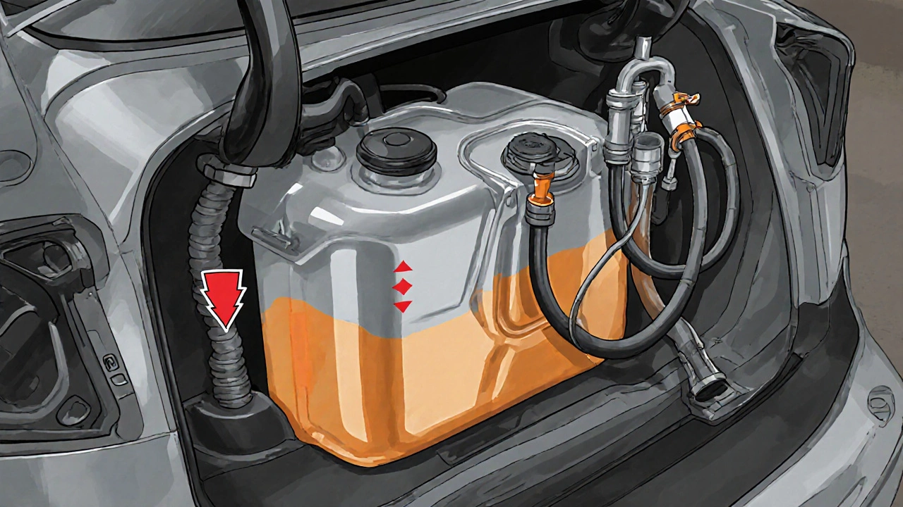 Cutaway illustration of car fuel tank, pump, and wiring showing spark risk near connector.