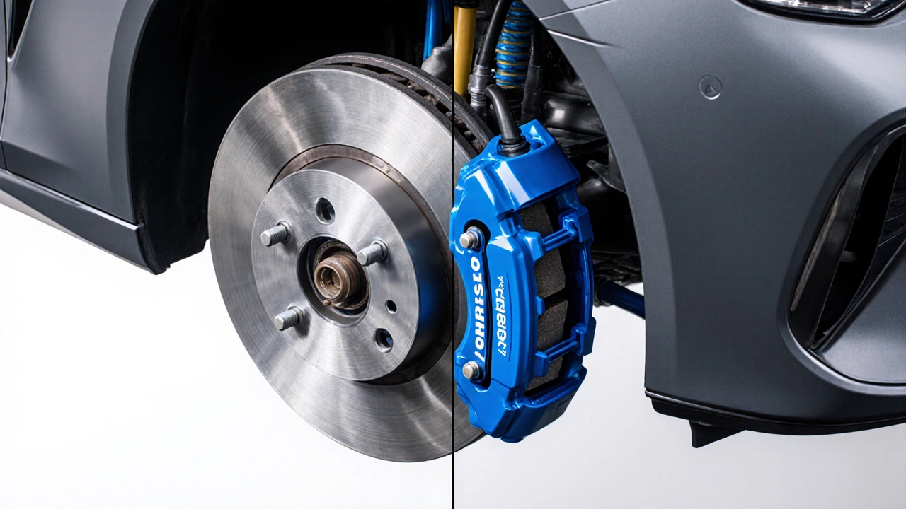Cutaway view comparing front and rear brake components and sizes.