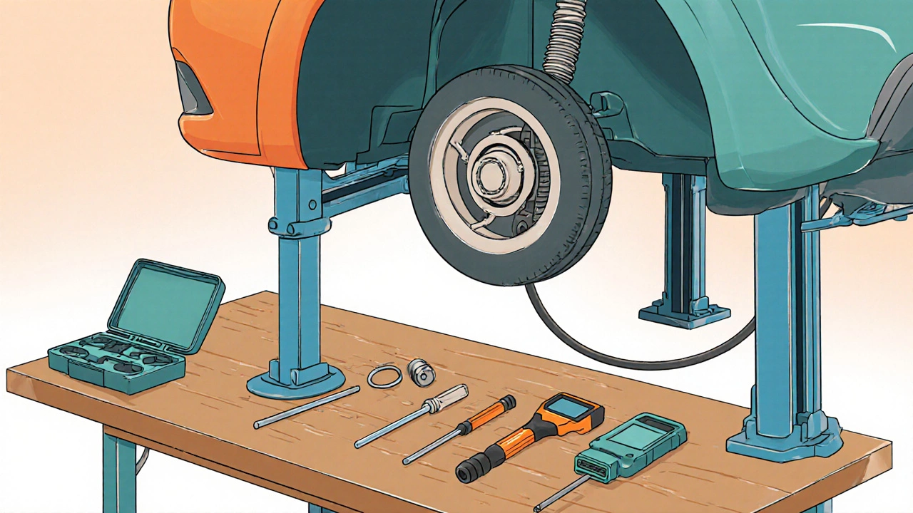 DIY tools and a lifted car with the fuel tank opened for pump replacement.