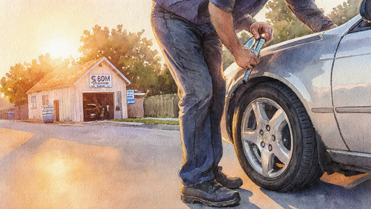 Driver checking tire tread depth on a road at sunrise.