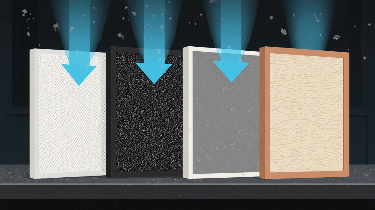 Four different car air filters displayed side by side with airflow arrows and dust particles.