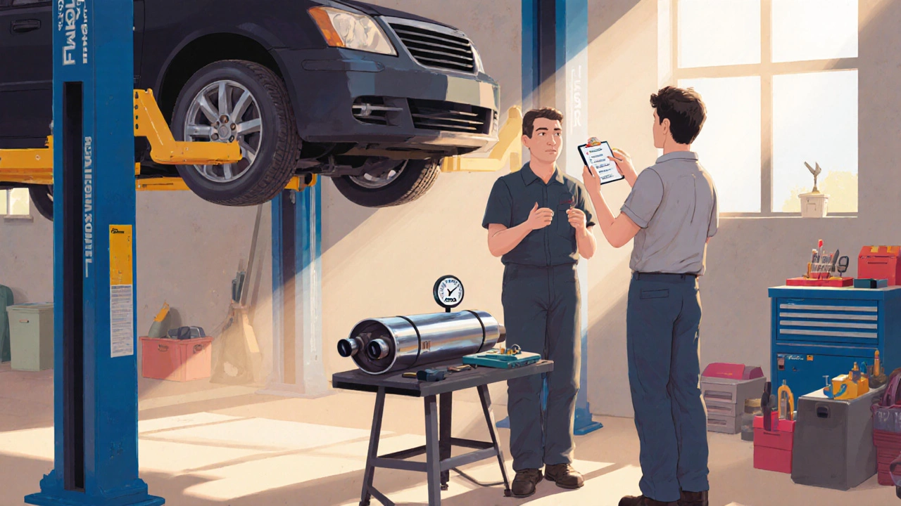Garage scene with mechanic preparing to install a Flowmaster muffler, showing checklist items.