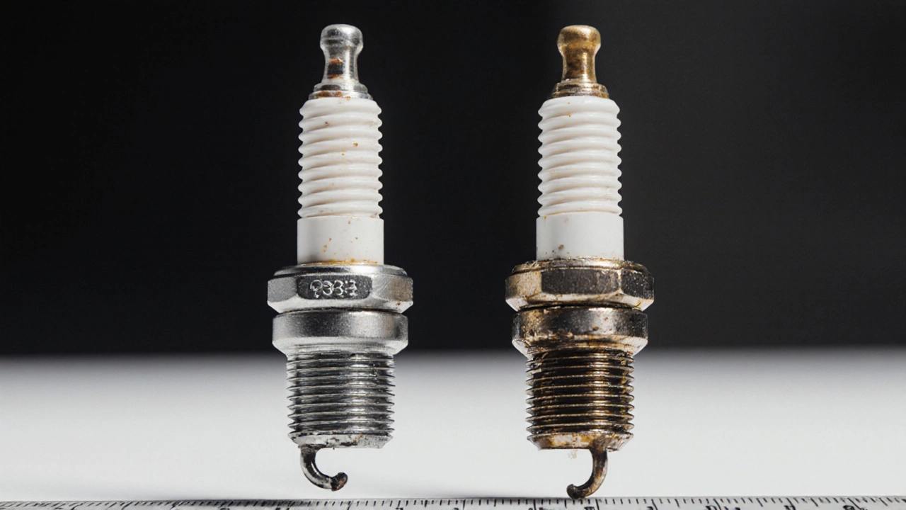Healthy and damaged spark plugs side by side with gap measurement
