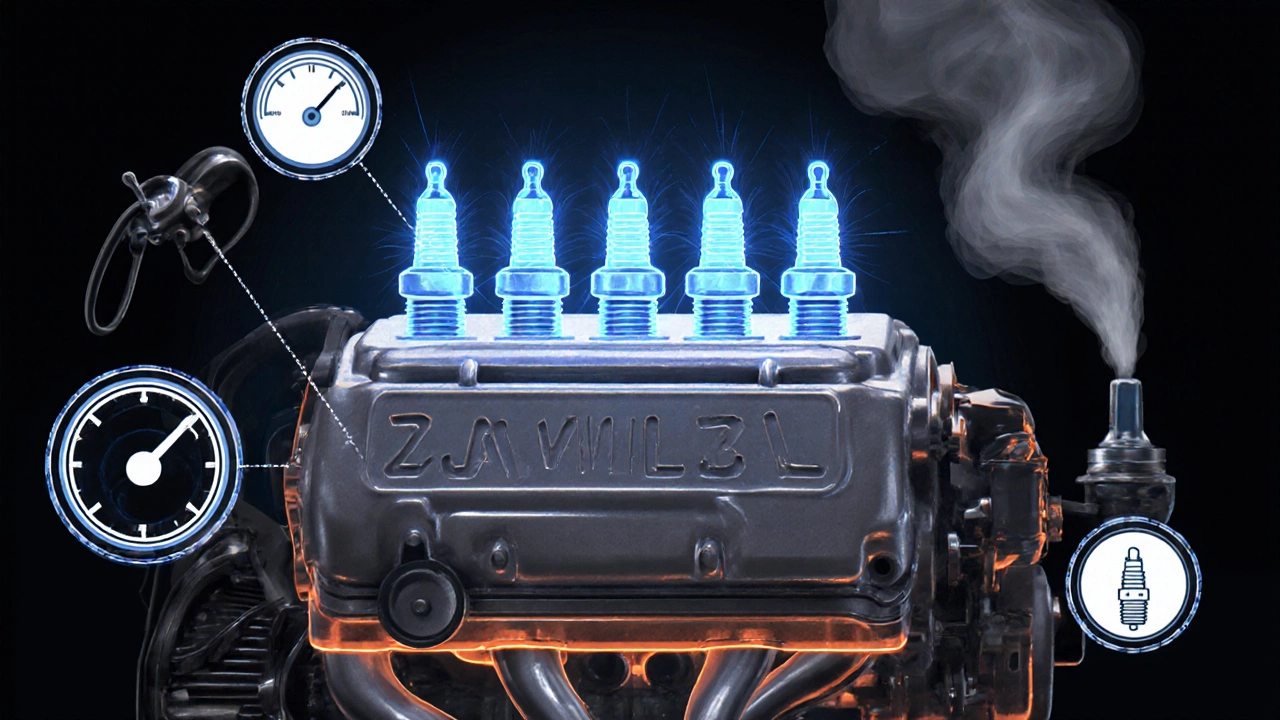 Illustration of four engine cylinders firing sequential sparks with symptom icons.