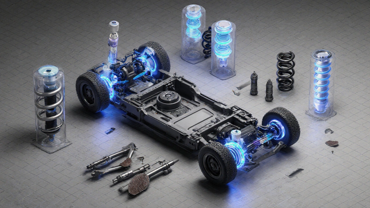 Isometric illustration showing exploded views of seven car suspension types around a chassis.
