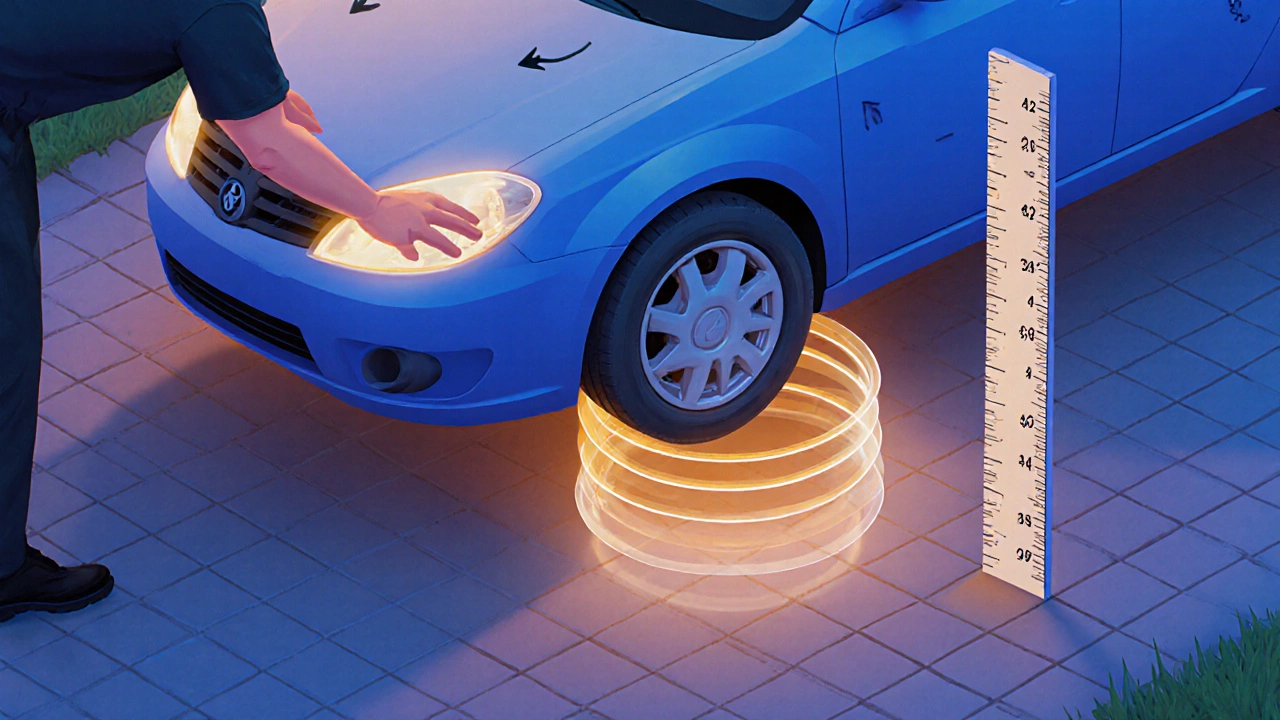Isometric view of DIY bounce test, hand on hood, rebounding car, ruler measuring height.