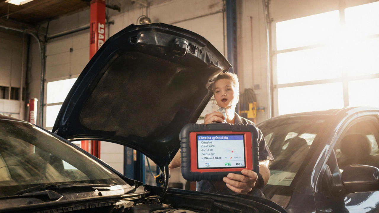 Mechanic celebrates successful fuel pump replacement with cleared error codes and no leaks.