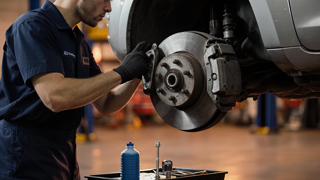 Mechanic inspecting worn front brake pads in a workshop.
