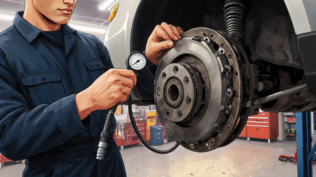 Mechanic installing a clutch using a torque wrench in a workshop.