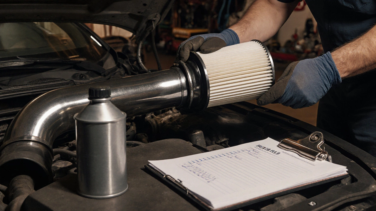 Mechanic installing a HEPA filter in a car engine bay with tools.