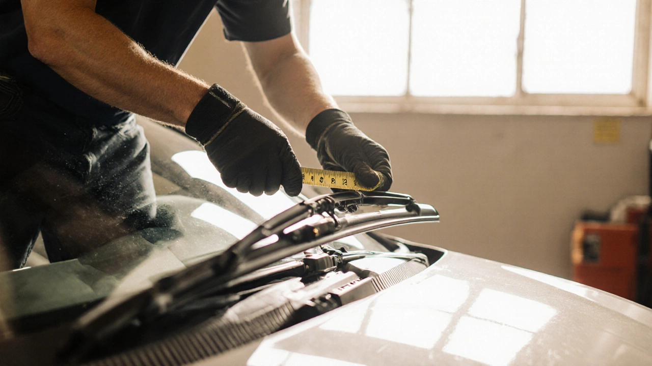 Mechanic measuring and installing correctly sized wiper blade in a workshop.