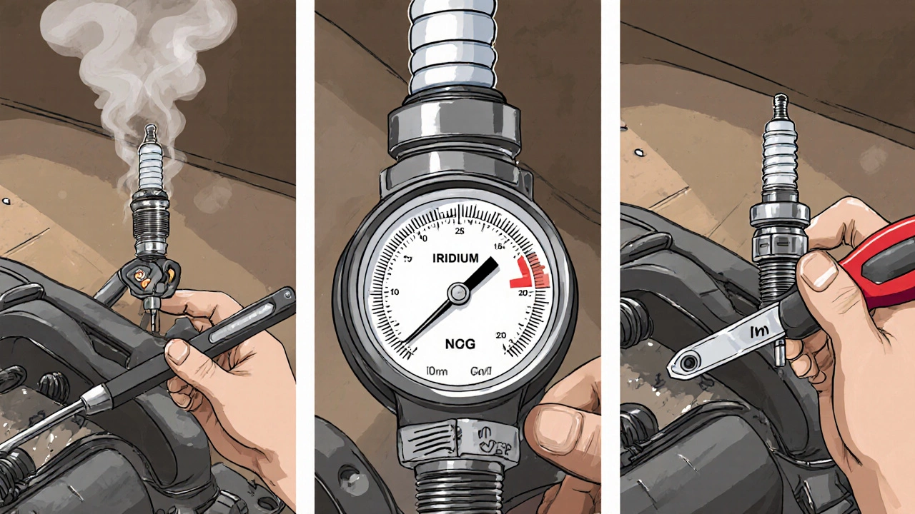 Mechanic replacing spark plugs, showing tools, gap gauge, and torque wrench.