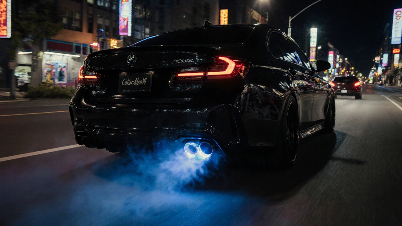Night street shot of a car rear with glowing cat-back exhaust flame and motion blur.
