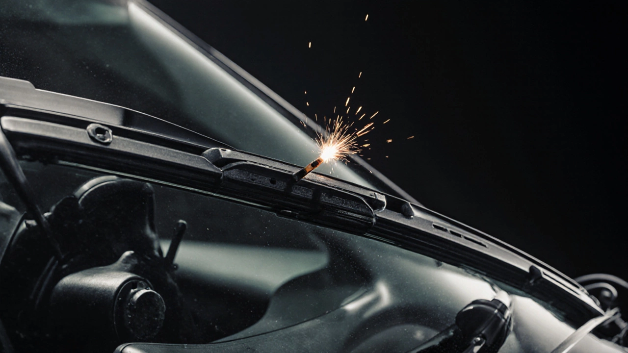 Overlength wiper blade scraping glass edge, bent arm and stressed motor.