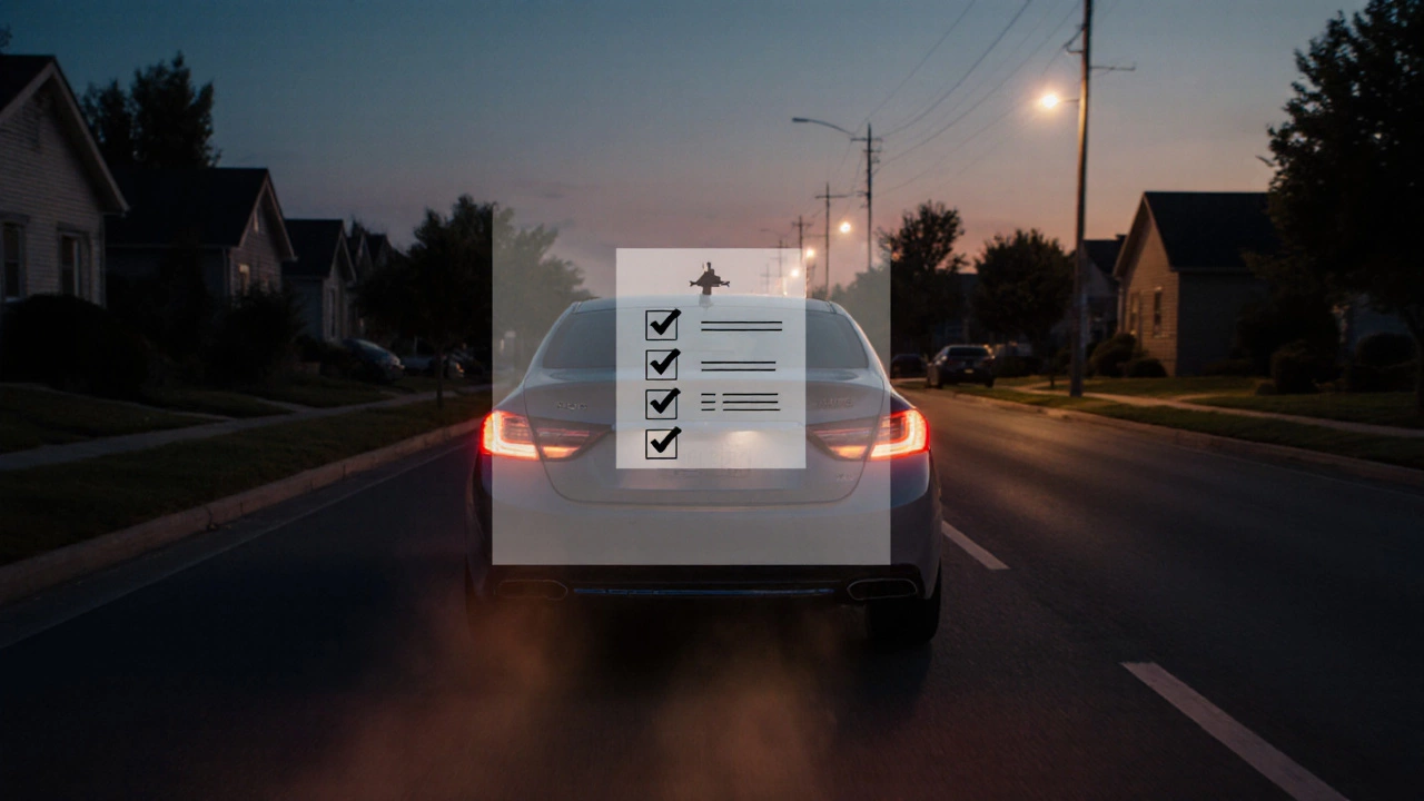 Sedan driving at dusk on a suburban road after brake pad replacement, with soft streetlights.