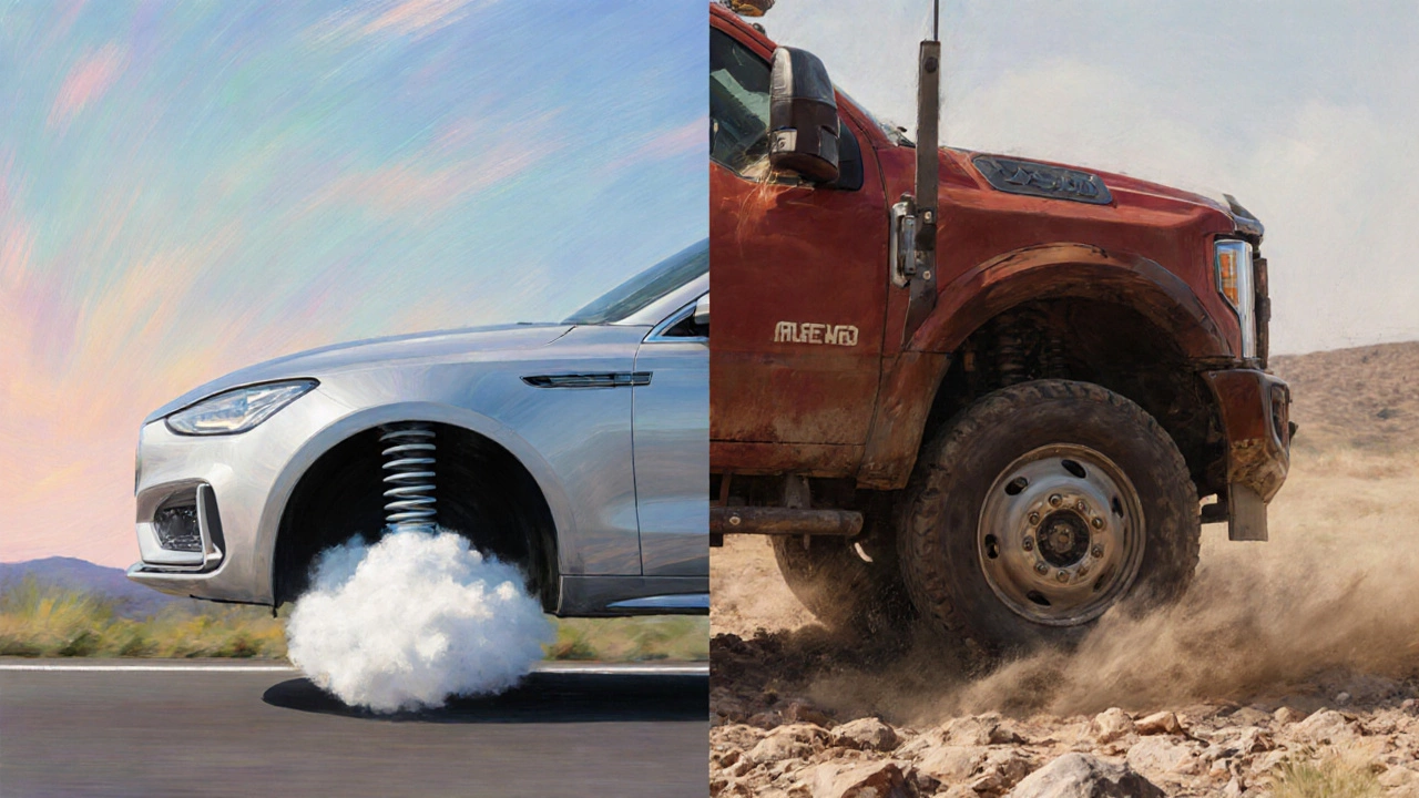 Split‑scene of a luxury car gliding on a smooth highway and a truck tackling rough terrain, highlighting ride comfort differences.