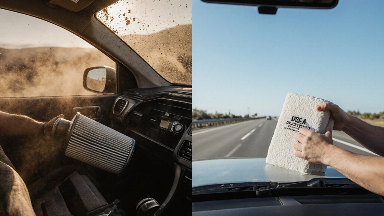 Split scene of dusty off‑road with a HEPA filter and a clean highway with a reusable cotton filter being tapped.