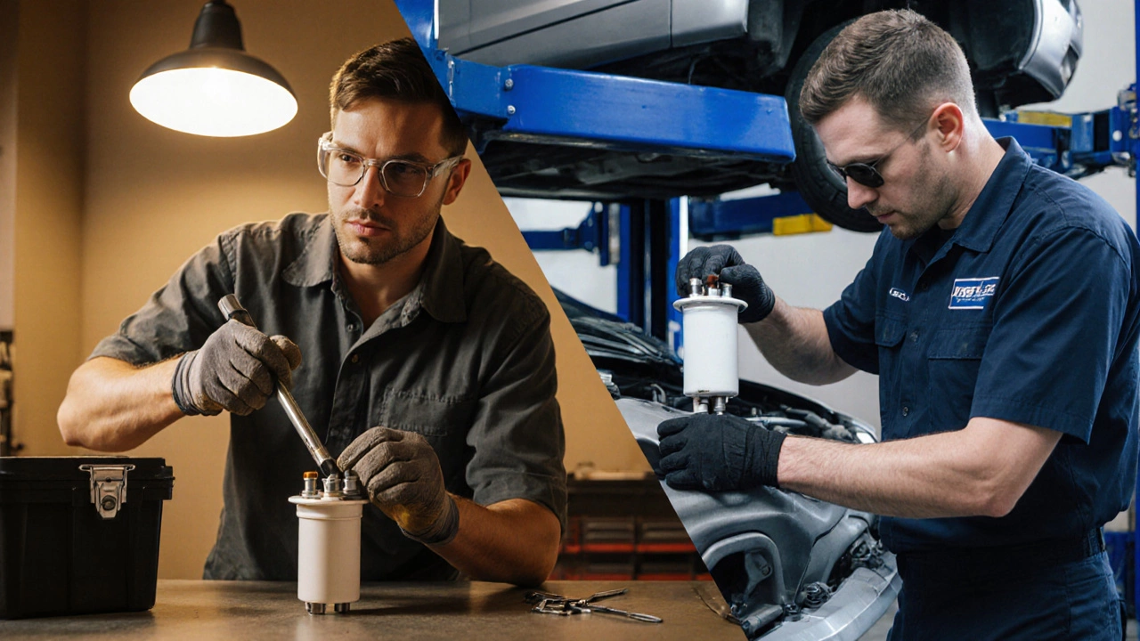Split view of a DIYer fixing a pump and a professional technician in a shop.