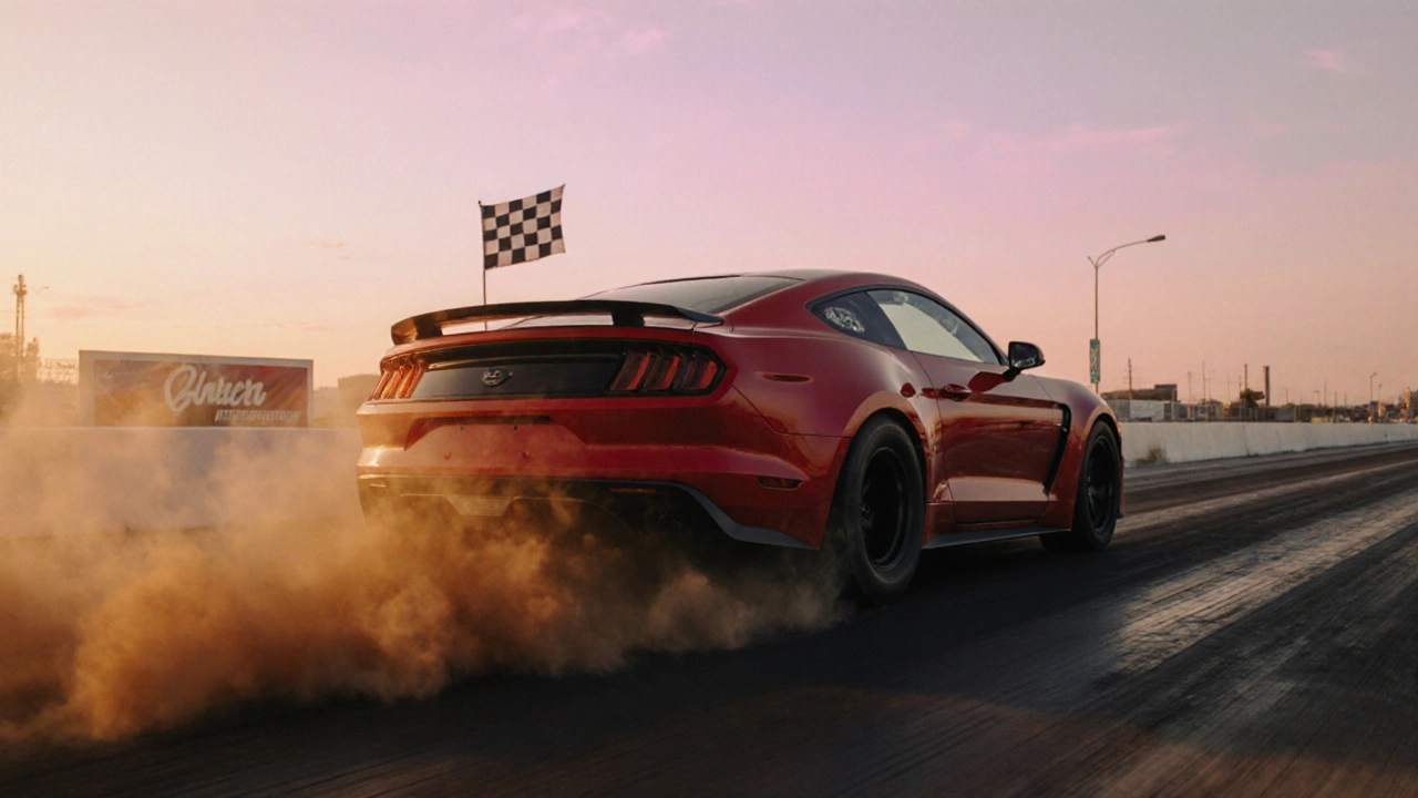 Sports car launching on a drag strip with dust and motion blur at sunrise.