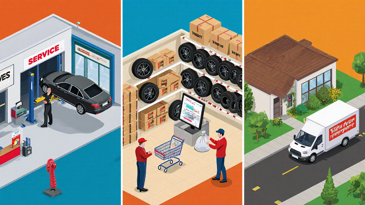 Three side‑by‑side retail settings showing where tires can be bought.