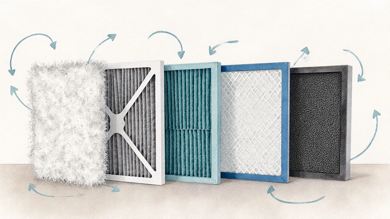 Watercolor series of five different air filters with airflow arrows.
