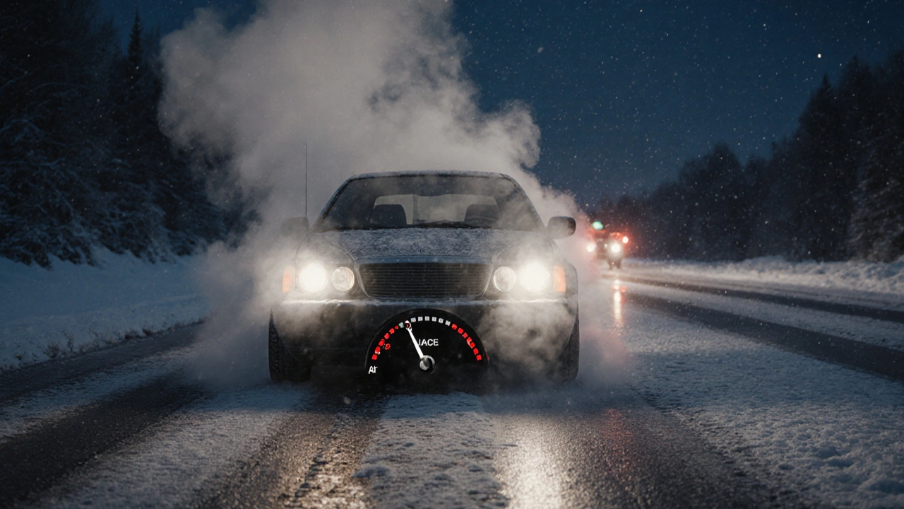Car stranded on snowy highway with steam rising and overheating warning light.