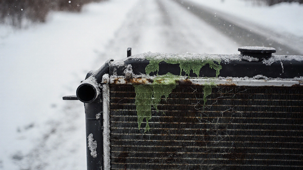 Close-up of a corroded radiator tank with dried coolant and frost from winter roads.