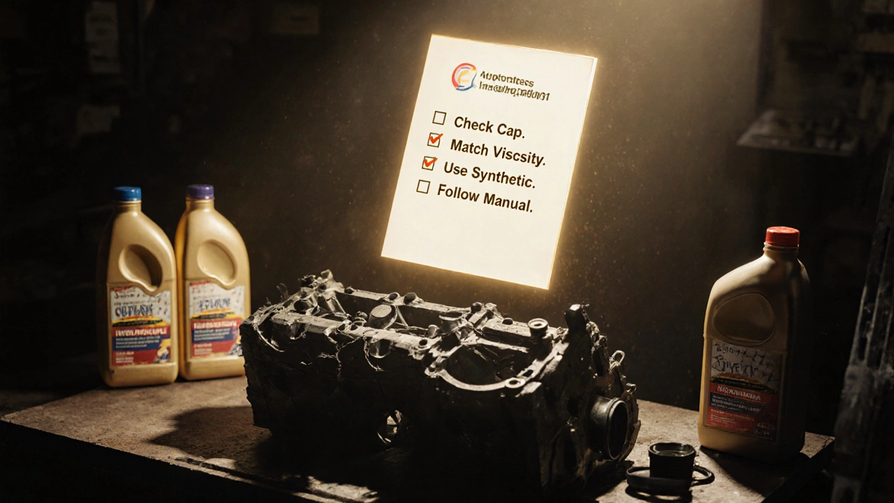 Cracked engine on bench surrounded by wrong oil bottles, glowing owner&#039;s manual hovers above with checklist.
