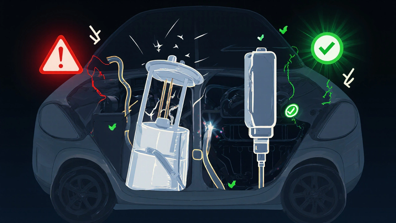 Cross-section diagram showing weak vs. strong fuel pump flow to engine, with warning and success indicators.