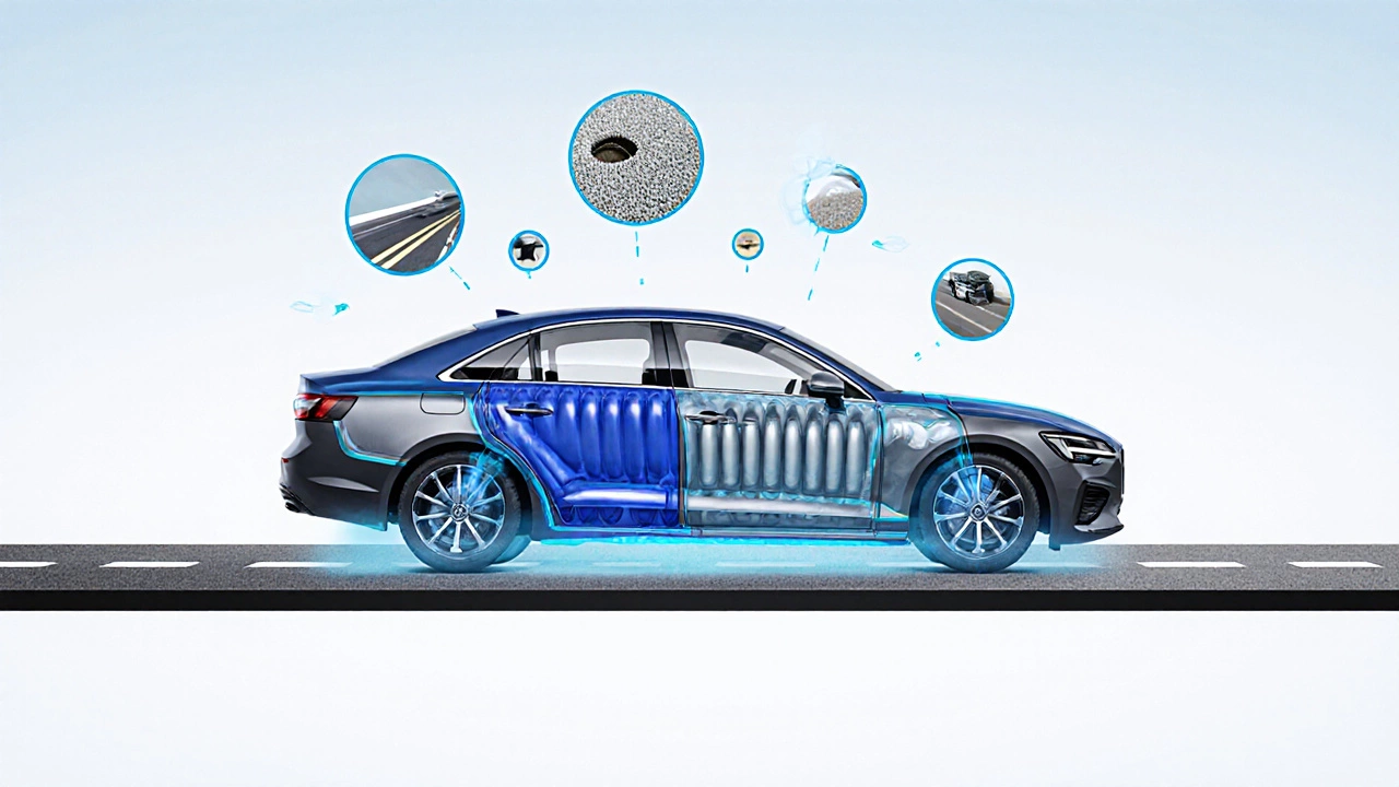Cross-section of a car&#039;s air suspension system adjusting height for rough roads versus highways.