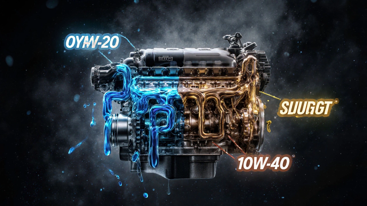 Cross-section of engine showing smooth synthetic oil flow versus clogged conventional oil pathways with viscosity labels.