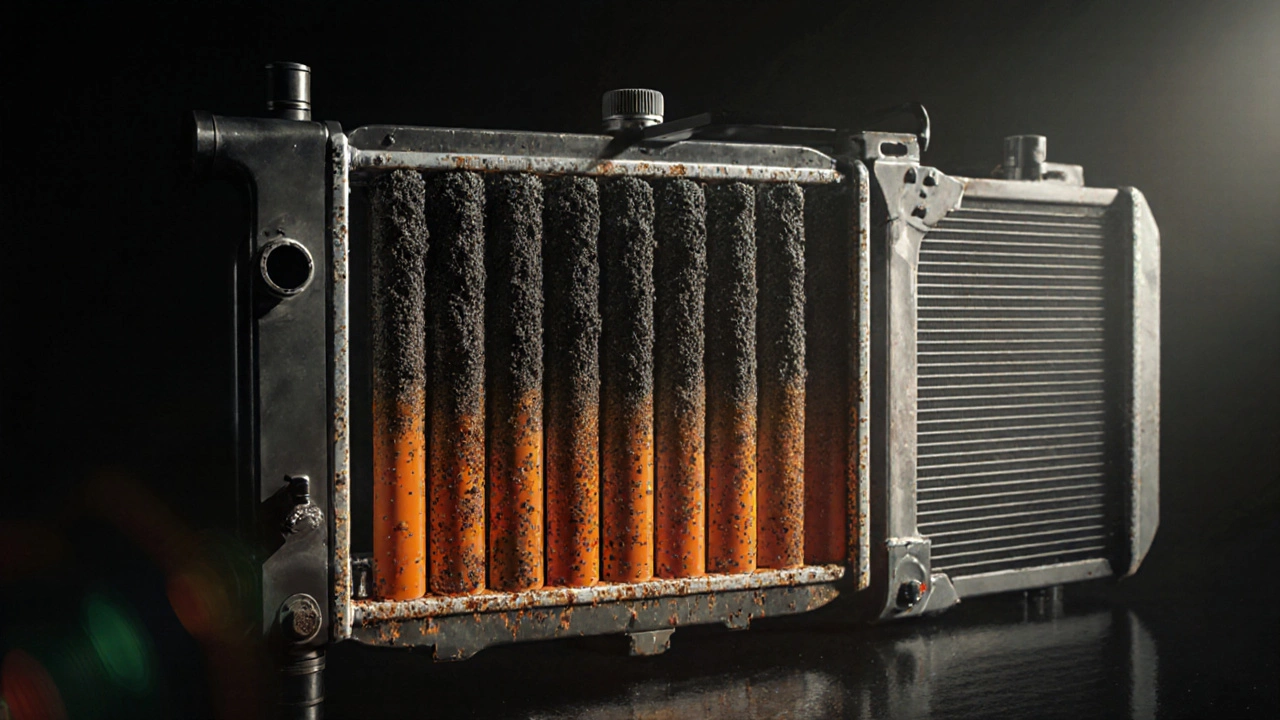 Cross-section of radiator showing sludge clogging cooling tubes with rust.