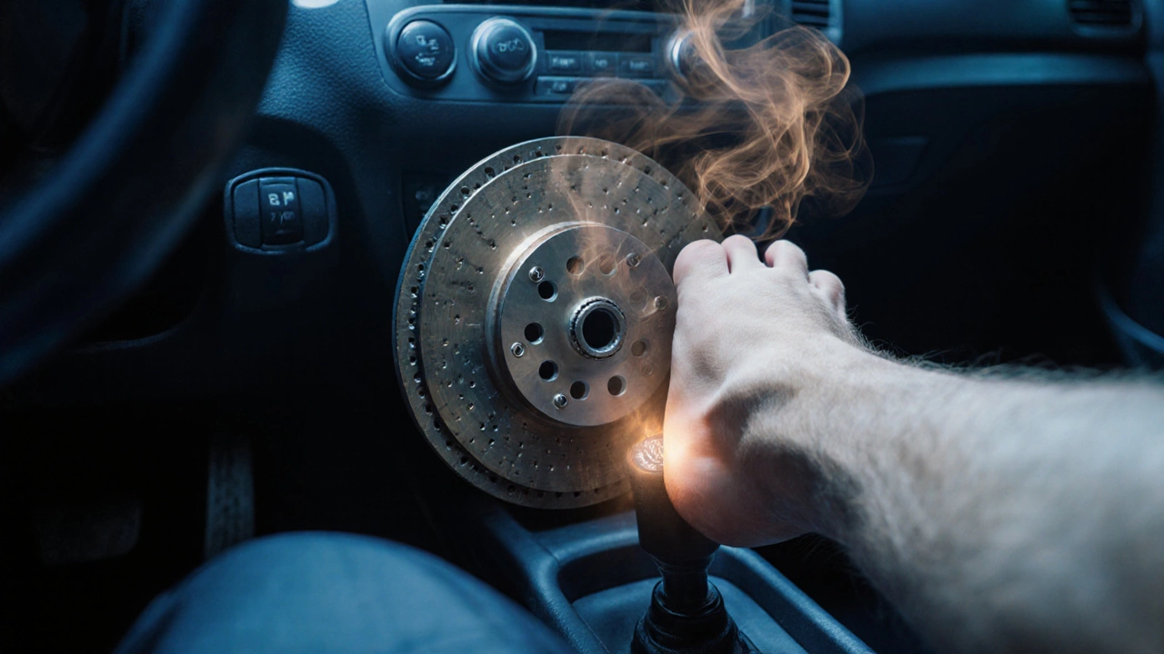 Driver&#039;s foot above clutch pedal with ghostly wear patterns and smoke