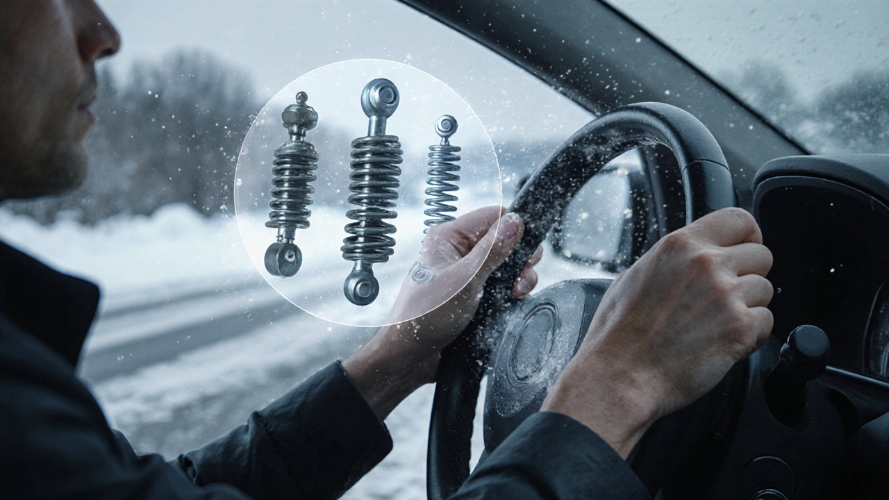 Driver’s hands on steering wheel with transparent overlay of failing suspension components on icy road.