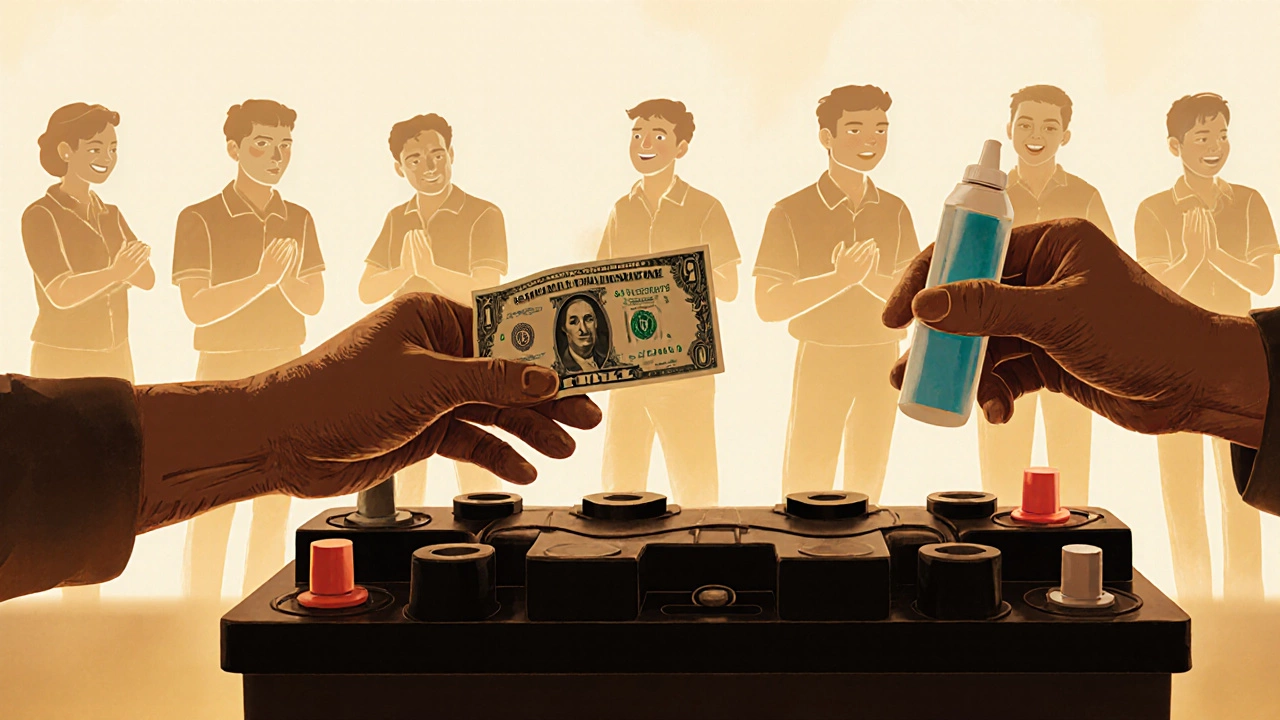 Hands exchanging a tip and terminal cleaner beside a car battery.