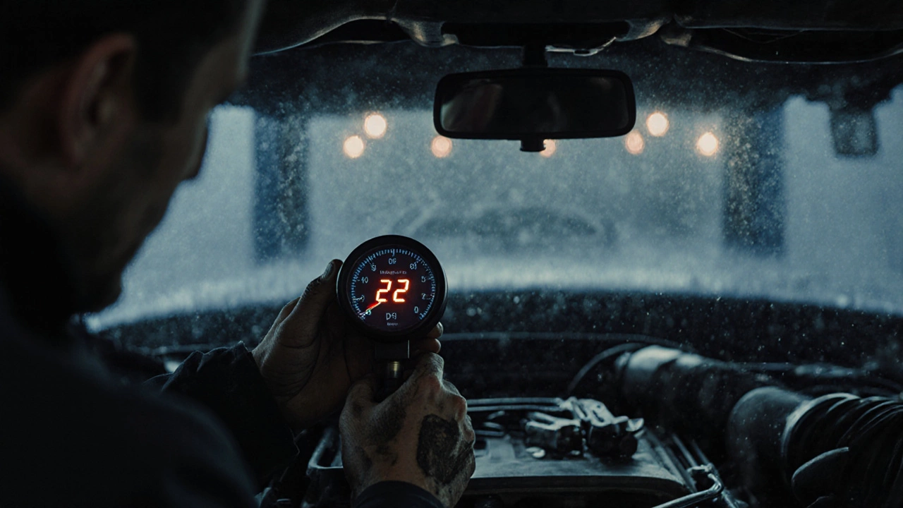 Mechanic checking fuel pressure with gauge under a car, digital readout visible in dim garage light.