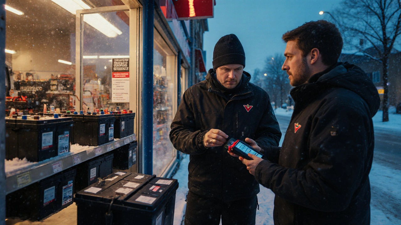 Mechanic testing a car battery at an auto store while customer watches in snowy morning.