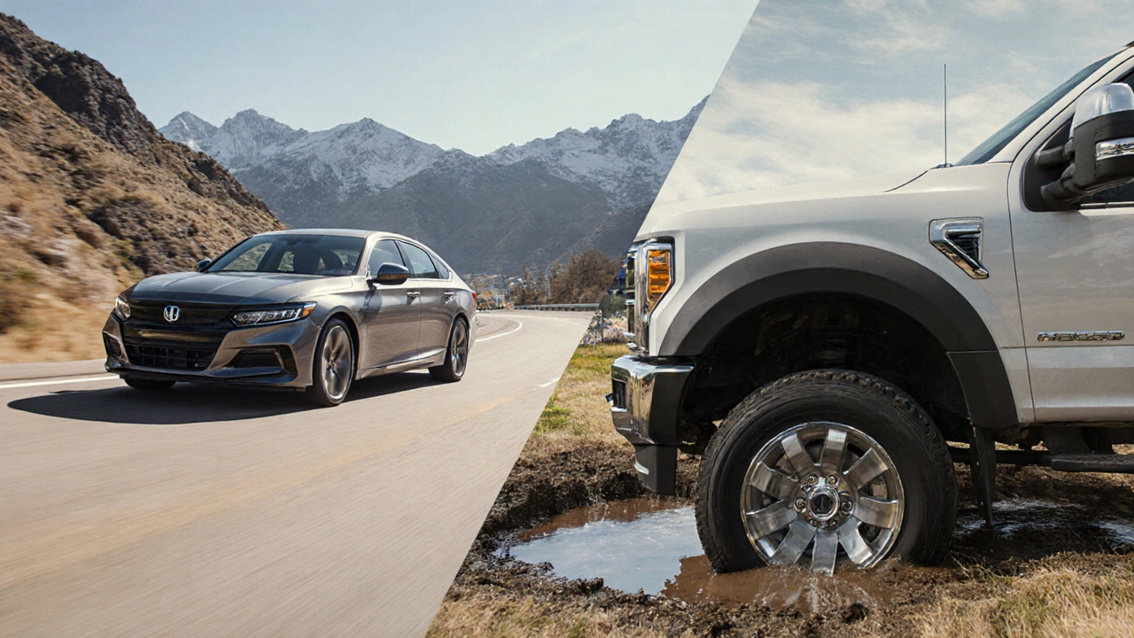 Performance car on winding road with alloy wheels, truck with steel wheels overcoming pothole.