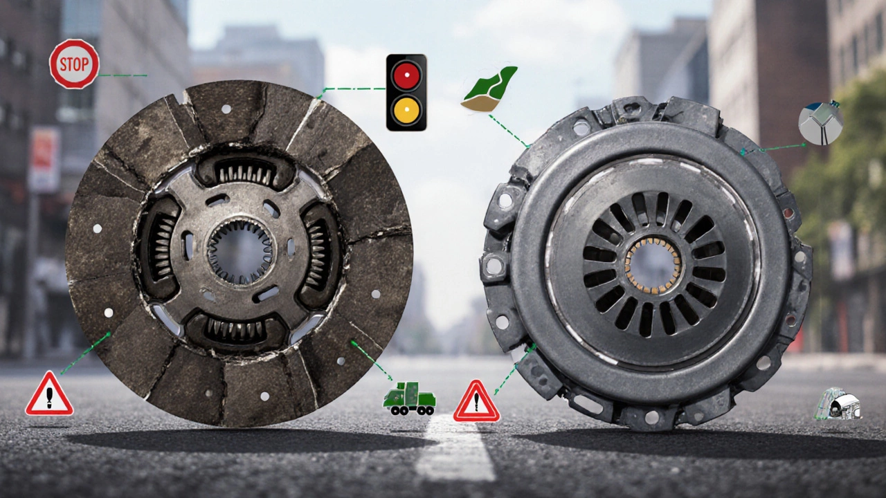 Side-by-side comparison of worn and new clutch disc with traffic icons