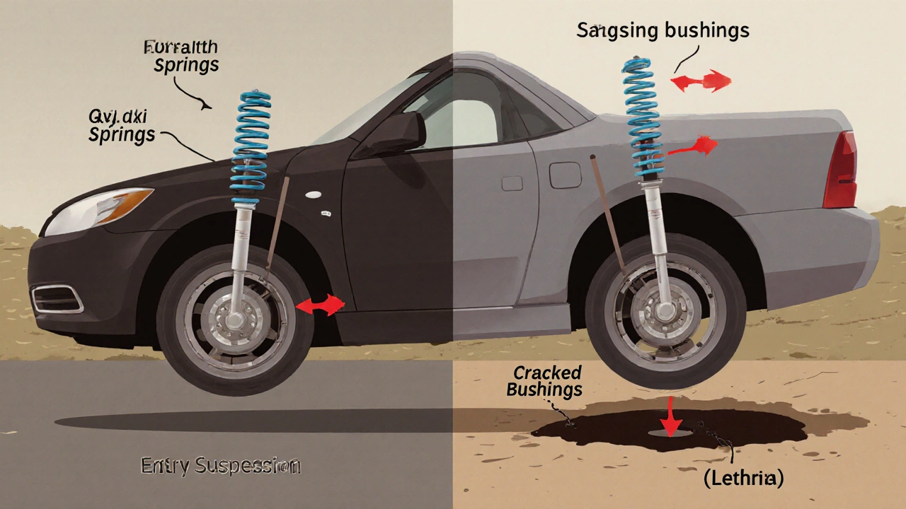 Side-by-side illustration of a car with good vs. failed suspension over a pothole, highlighting worn parts.