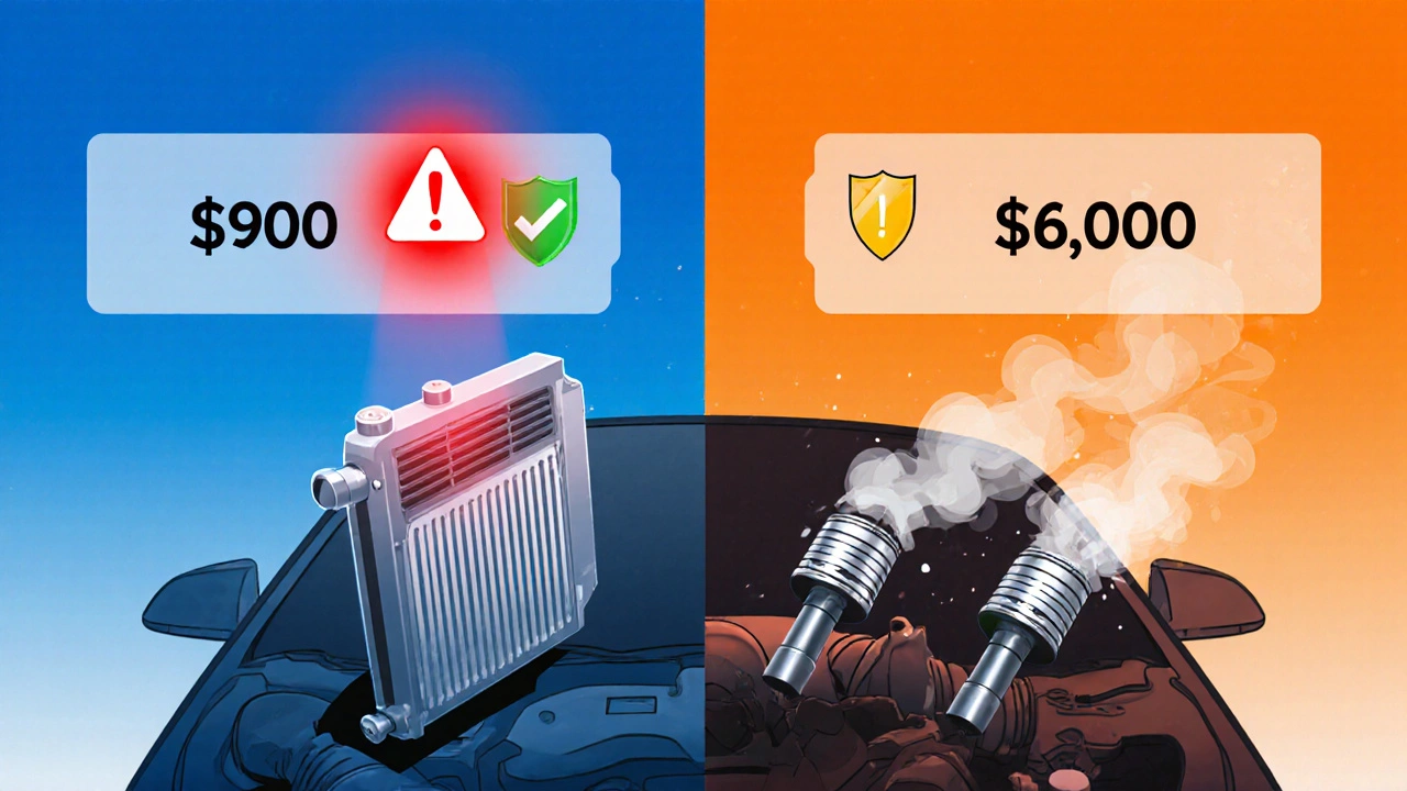 Split-screen concept: affordable radiator replacement vs. expensive engine failure.