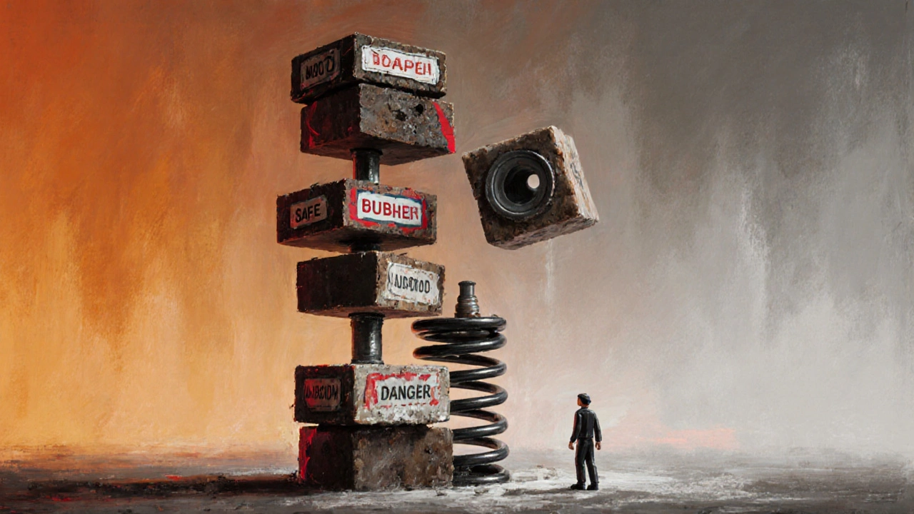 Suspension components as a collapsing Jenga tower, symbolizing failure and danger.