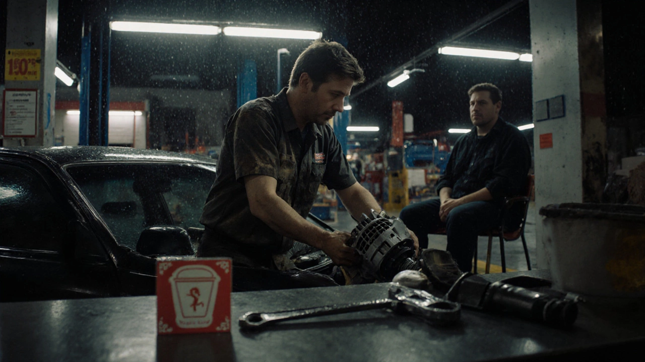 Technician checks alternator in AutoZone service bay at night.