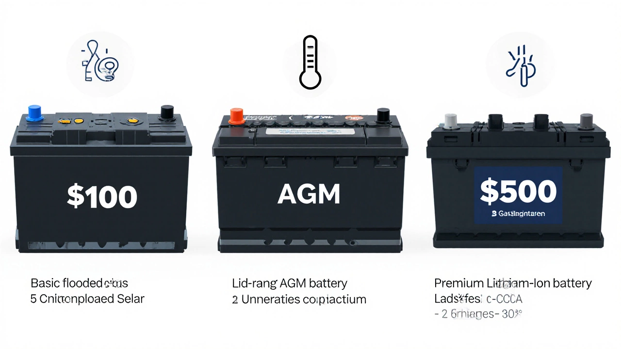 Three car battery types compared with technical specs and price labels side by side.
